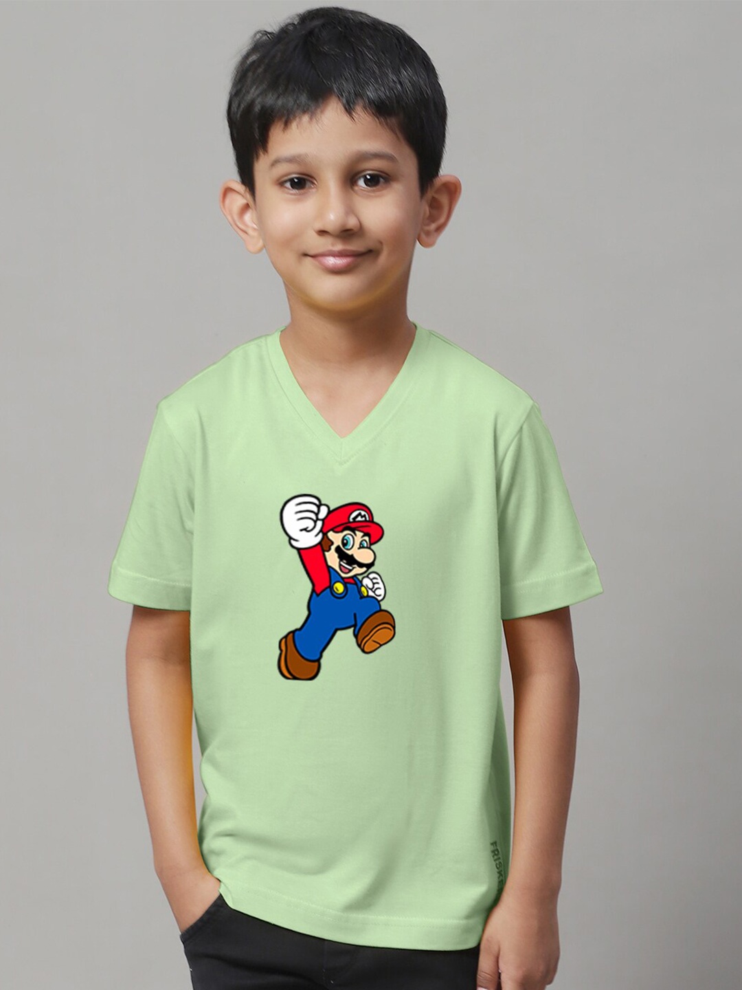 

Friskers Boys Graphic Printed V-Neck Applique Cotton Tshirt, Green