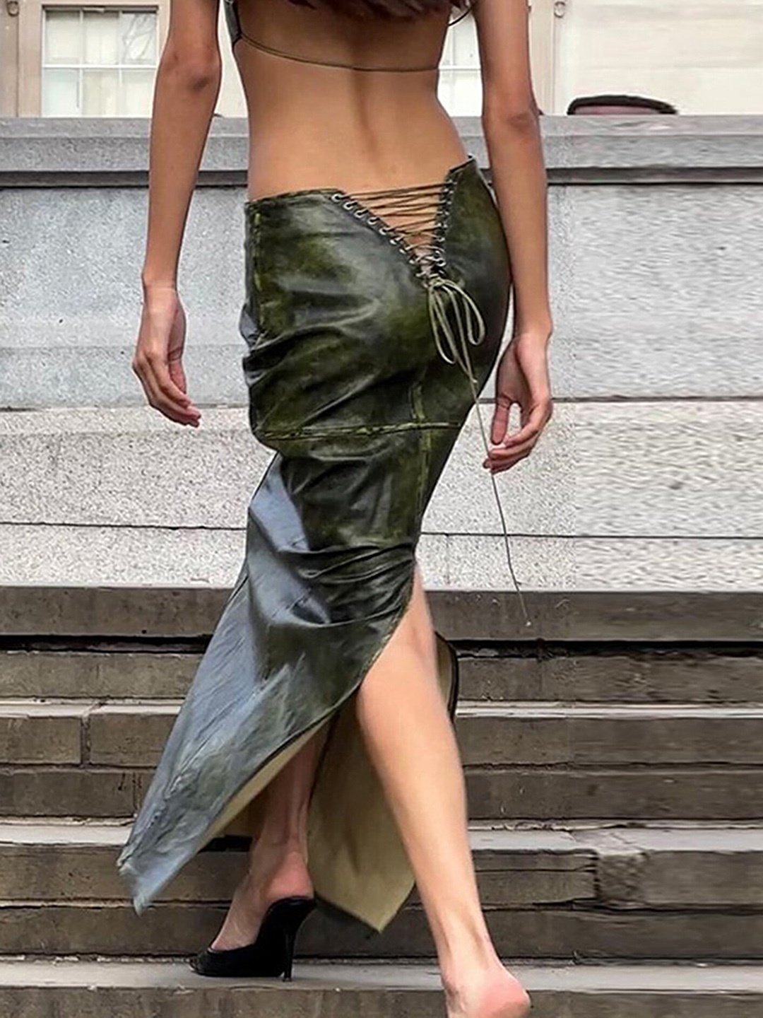 

LULU & SKY Lace-Up Detail Back Slit Reen Maxi Skirt, Green