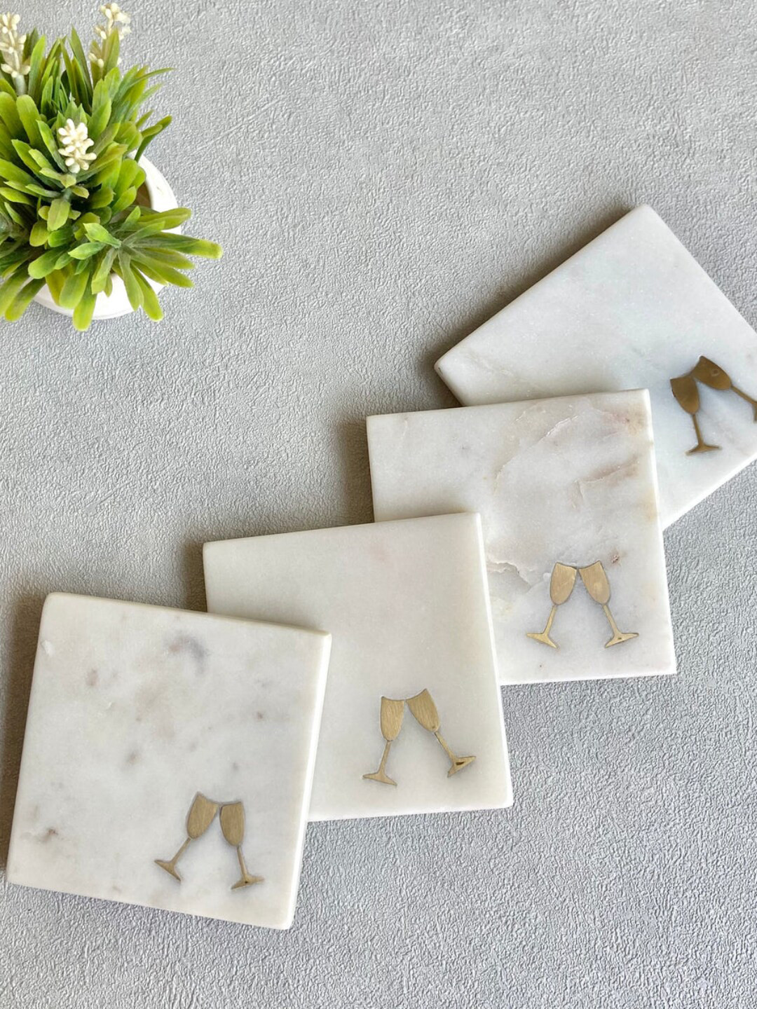 

House of Objects Finley 4 Pieces White Marble & Brass Square Flute Coasters