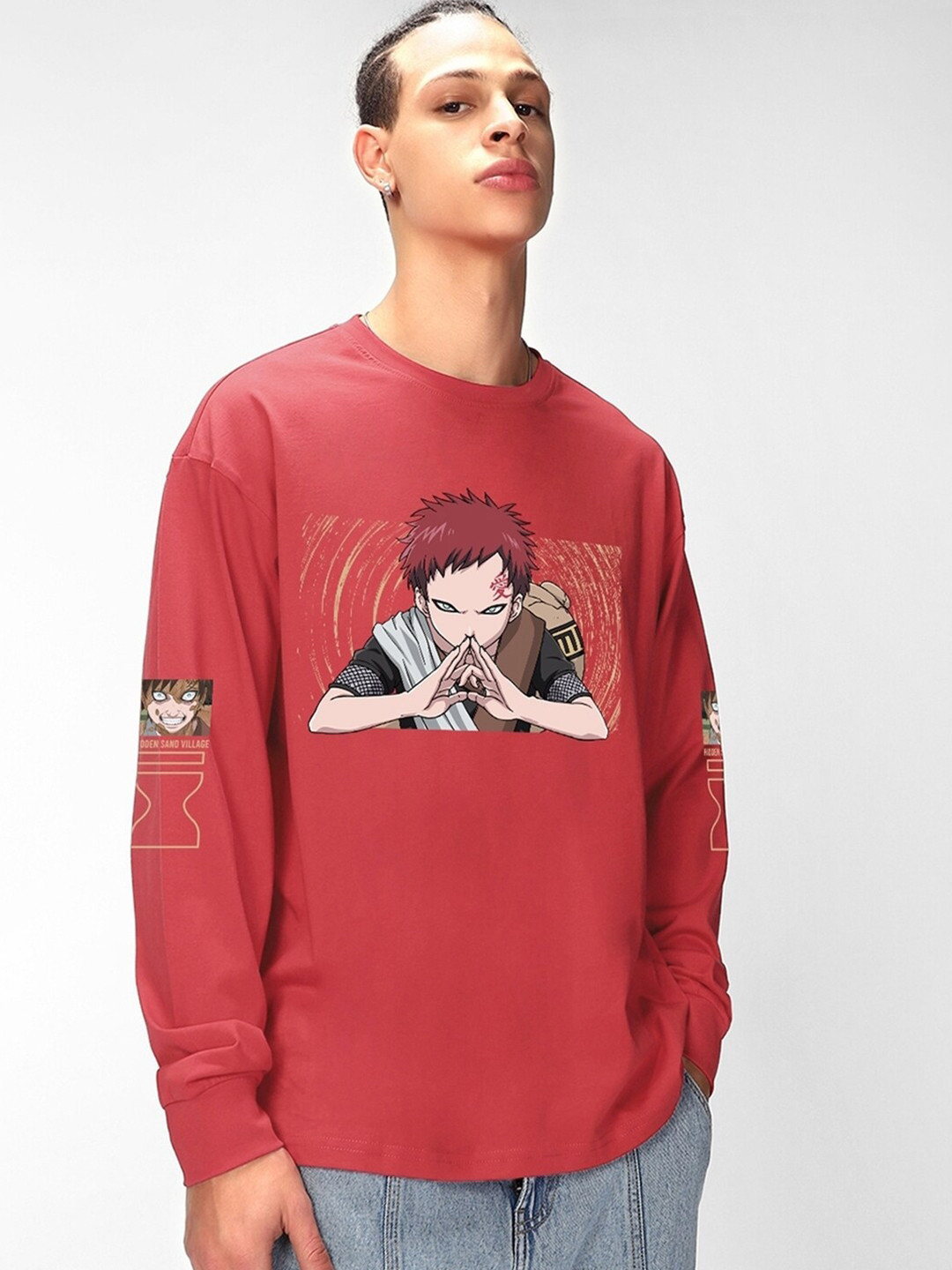 

Bewakoof Naruto Printed Drop-Shoulder Sleeves Oversized Cotton T-shirt, Red