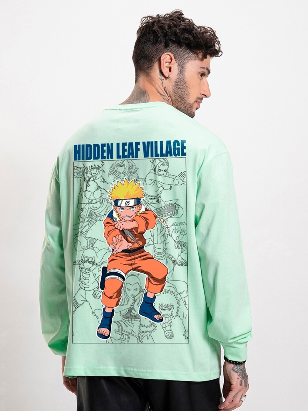 

Bewakoof Naruto Graphic Printed Drop-Shoulder Sleeves Oversized Pure Cotton T-shirt, Green