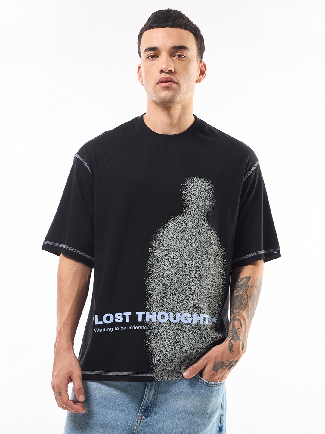 

Bewakoof Lost Graphic Printed Super Loose Fit Oversized Cotton T-shirt, Black