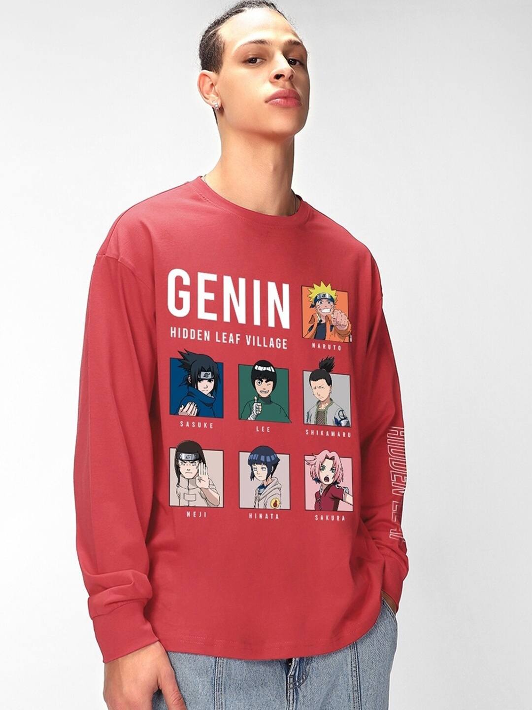 

Bewakoof Naruto Graphic Printed Drop-Shoulder Sleeves Oversized Cotton T-shirt, Red
