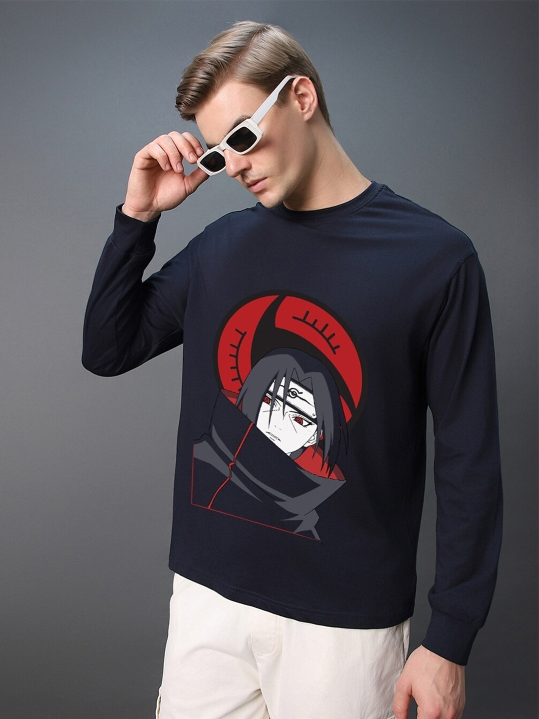 

Bewakoof Naruto Graphic Printed Drop-Shoulder Sleeves Oversized Cotton T-shirt, Navy blue