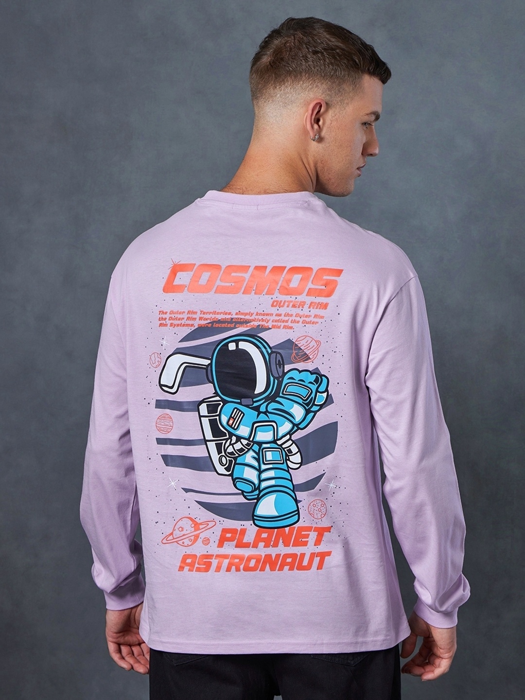 

Bewakoof Planet Astro Graphic Printed Drop-Shoulder Sleeves Oversized Cotton T-shirt, Purple