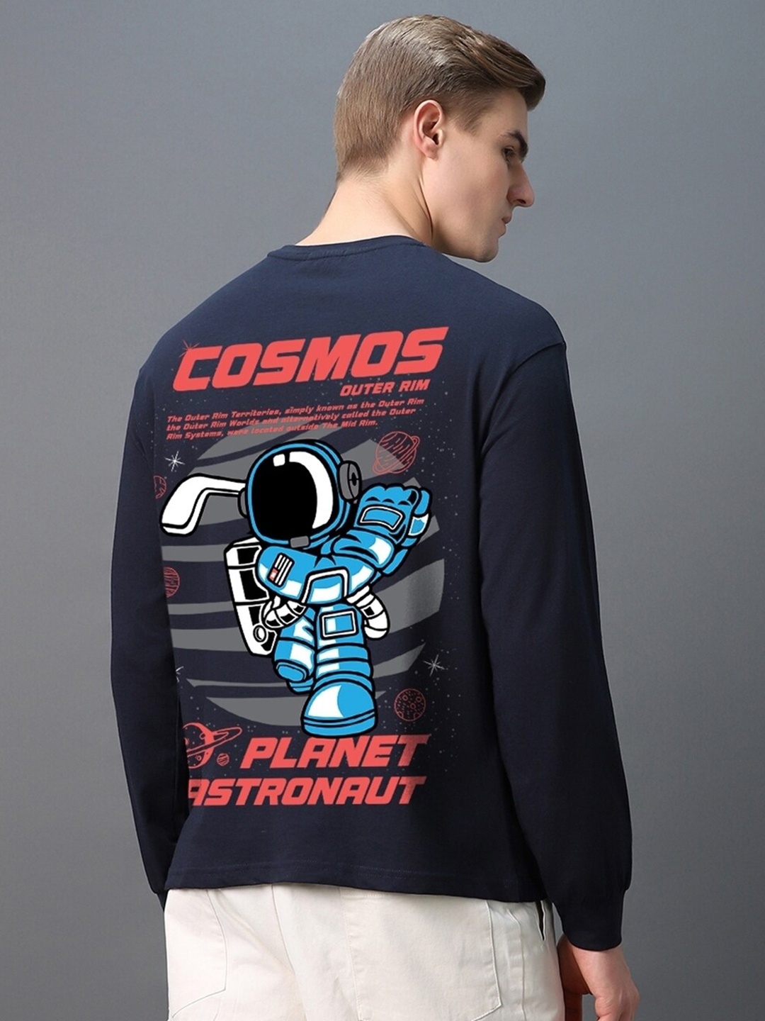 

Bewakoof Planet Astro Graphic Printed Drop-Shoulder Sleeves Oversized Cotton T-shirt, Navy blue