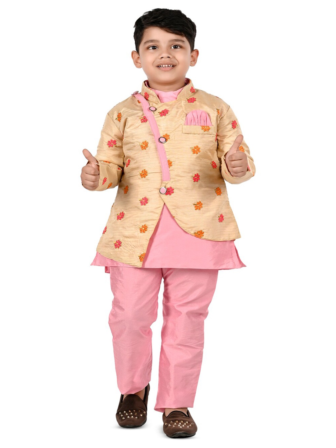 

BAESD Boys Floral Embroidered Mandarin Collar Straight Kurta With Pyjama, Pink