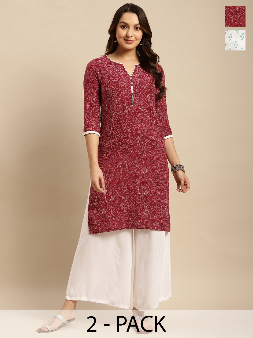 

Rangita Pack Of 2 Ethnic Motifs Printed Thread Work Kurta, Red