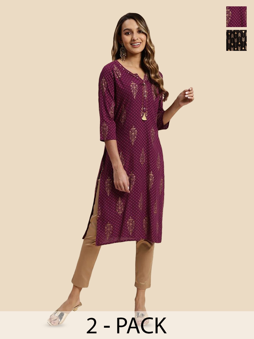 

Rangita Pack of 2 Ethnic Motifs Printed Kurta, Black