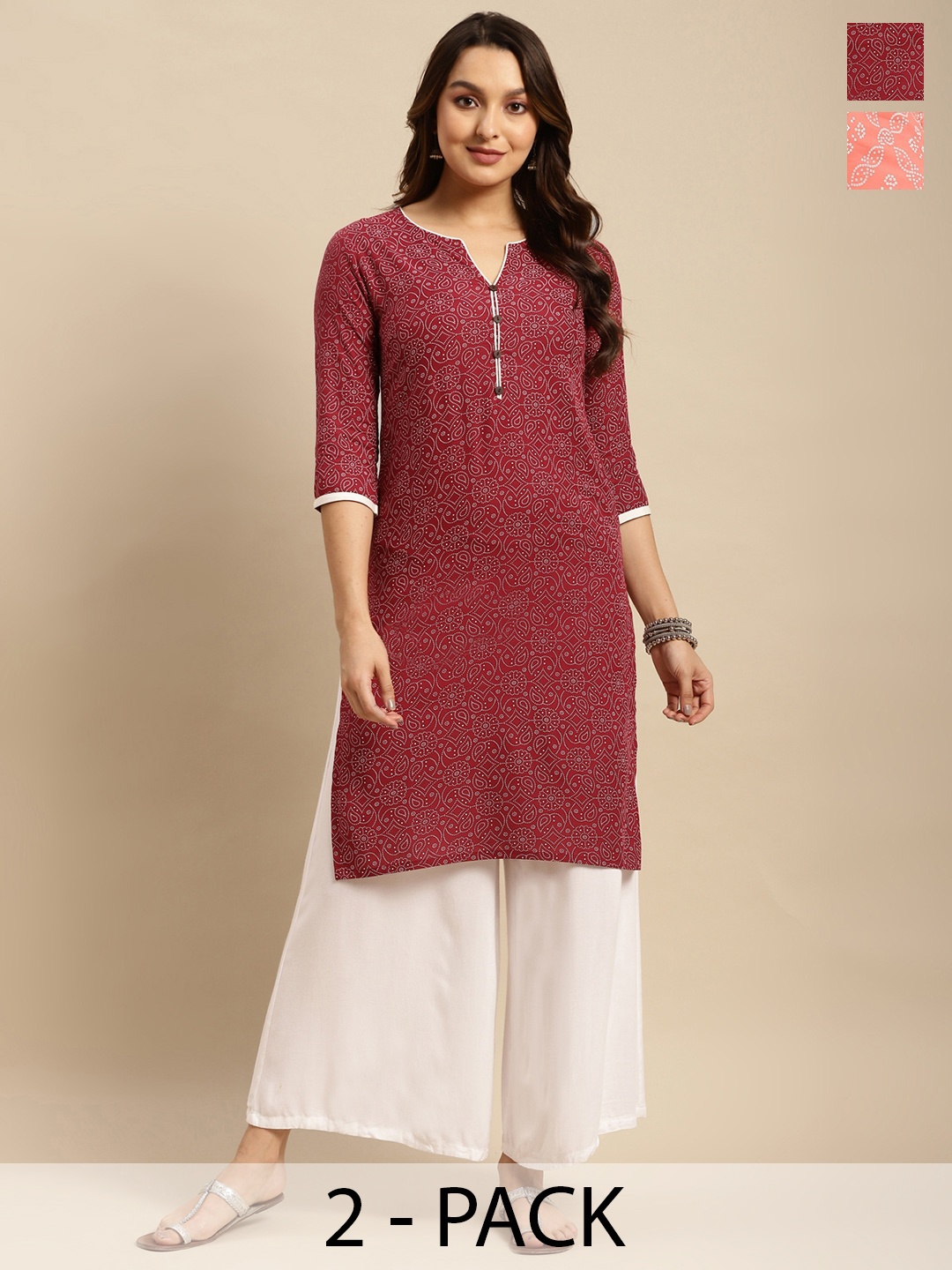 

Rangita Selection Of 2 Ethnic Motifs Printed Notched Neck Kurtas, Maroon