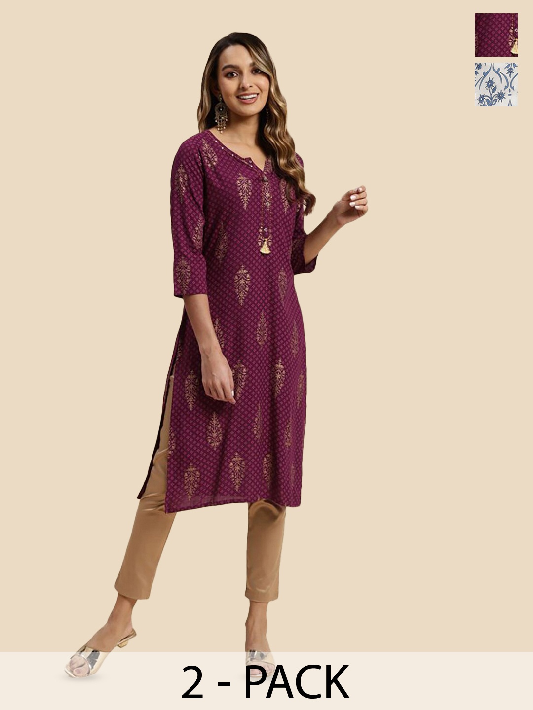 Rangita Pack of 2 Floral PrintedThread Work Straight Kurta, Magenta