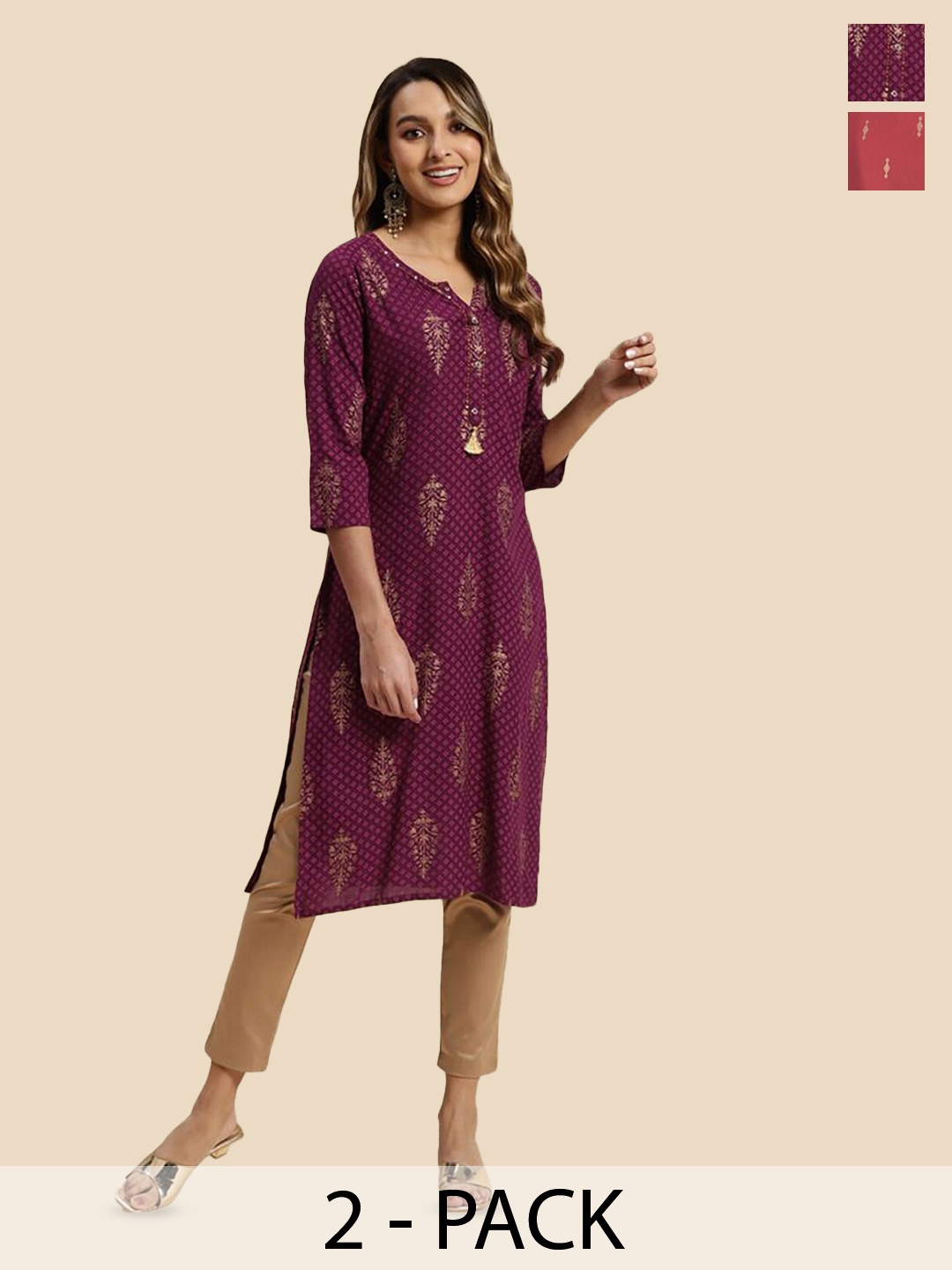 

Rangita Pack of 2 Ethnic Motifs Printed Kurta, Magenta