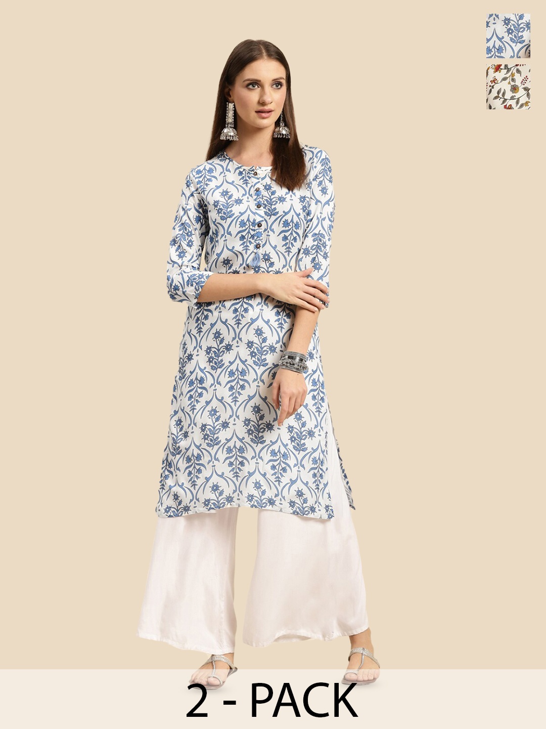 

Rangita Pack Of 2 Floral Printed Thread Work Knee Length Straight Kurtas, Blue