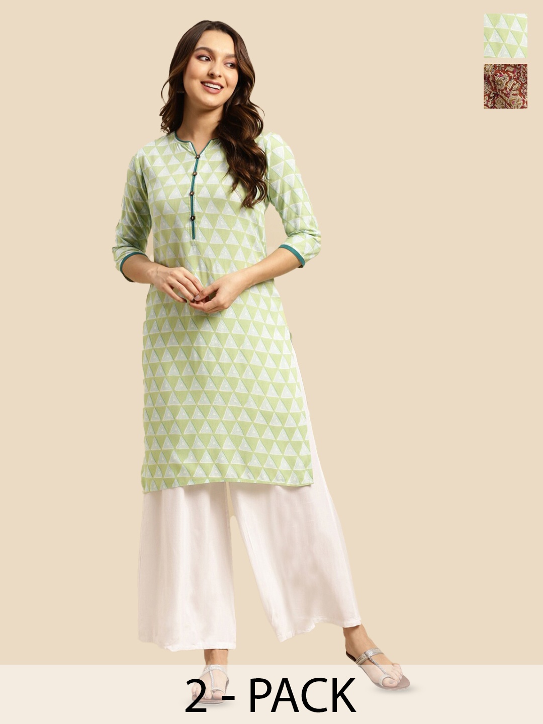 

Rangita Pack of 2 Ethnic Motifs Printed Thread Work Kurta, Green