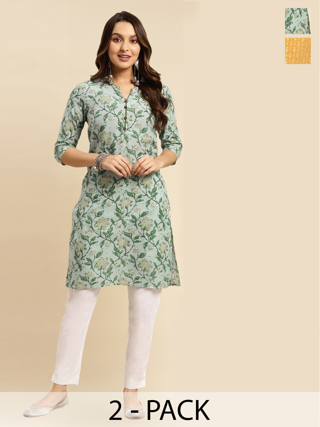 

Rangita Selection of 2 Floral Printed Pure Cotton Kurtas, Green