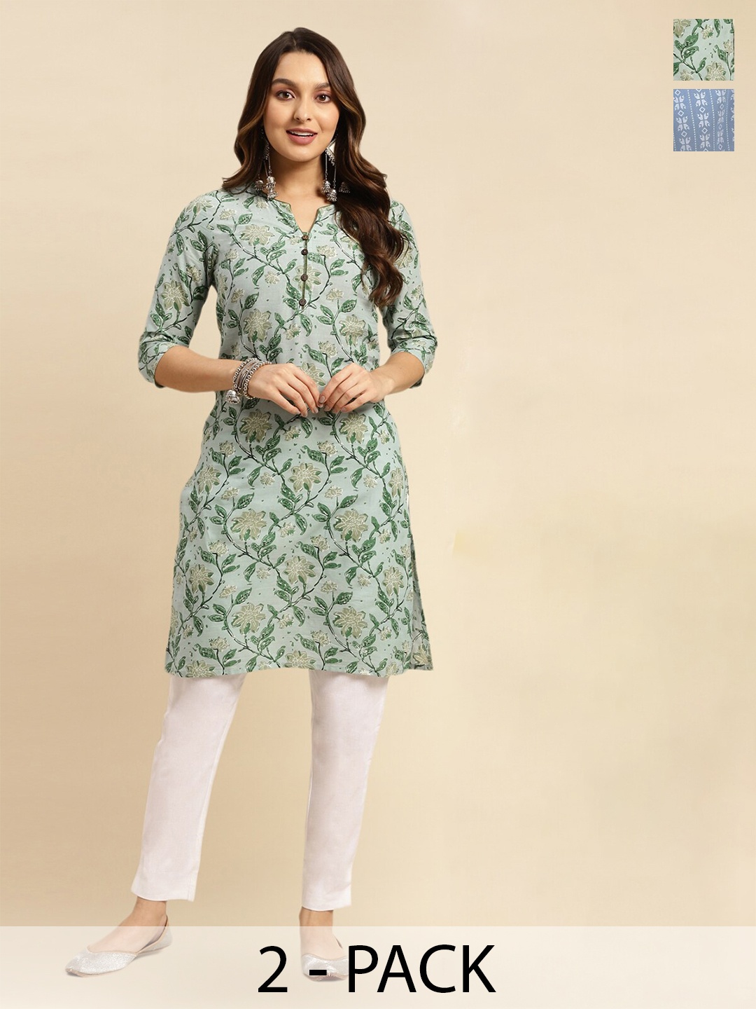 

Rangita Selection of 2 Floral Printed Pure Cotton Kurtas, Green
