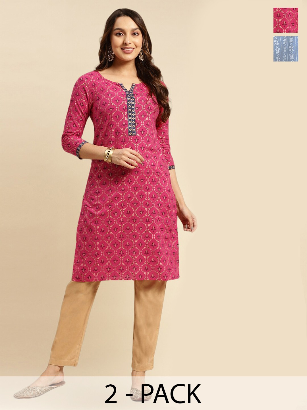 

Rangita Selection of 2 Ethnic Motifs Printed Pure Cotton Kurtas, Pink