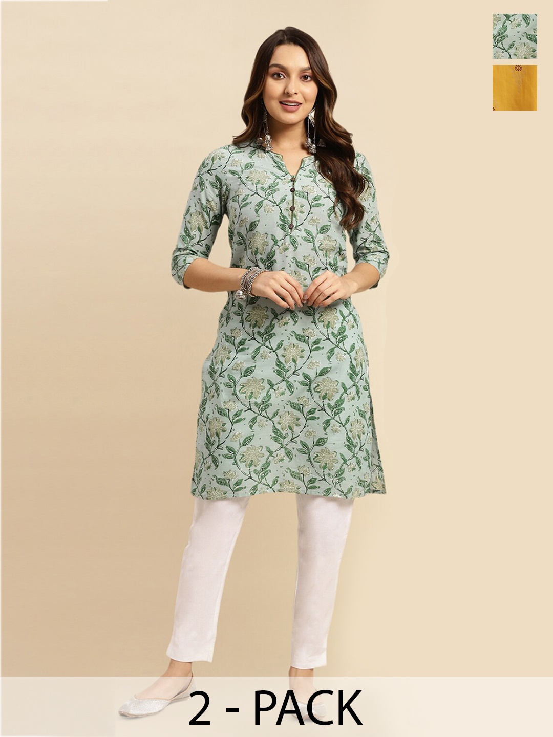 

Rangita Selection of 2 Floral Printed Pure Cotton Kurtas, Green