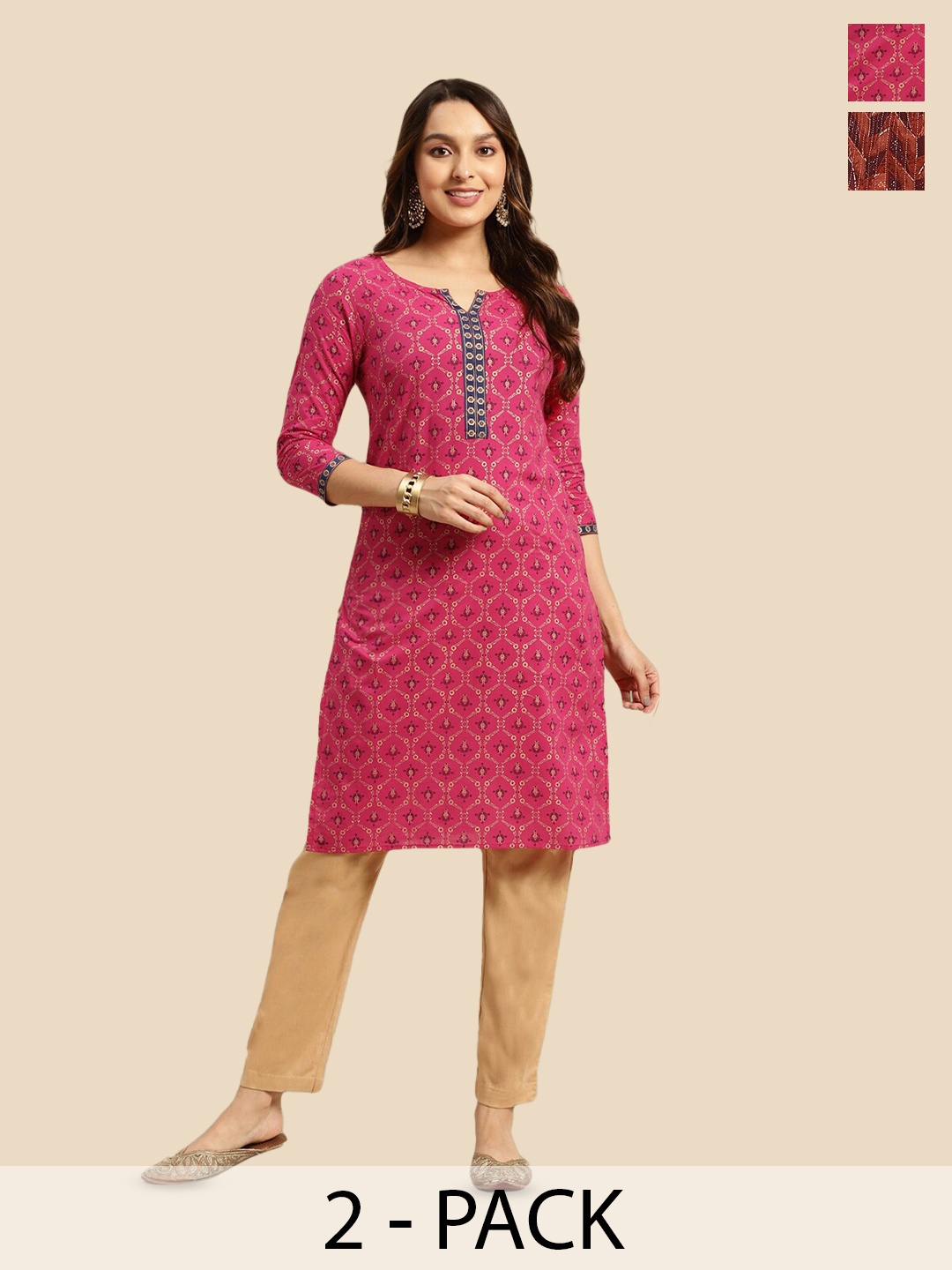 

Rangita Pack Of 2 Printed Mirror Work Cotton Kurta, Pink