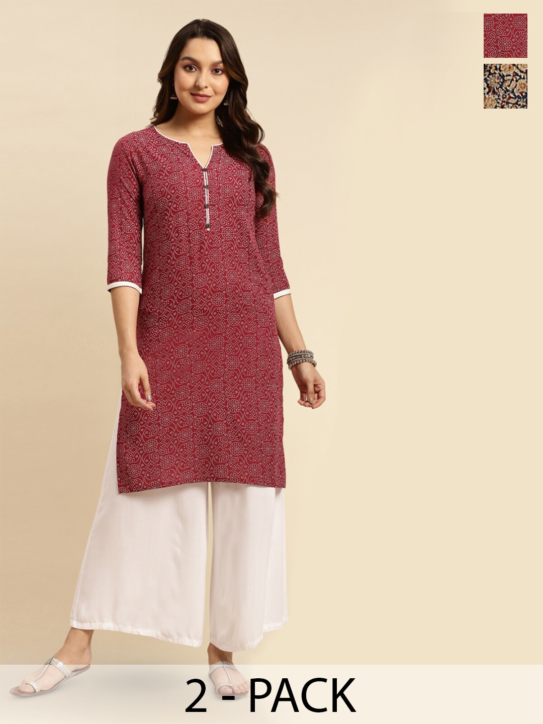 

Rangita Selection of 2 Ethnic Motifs Printed Kurtas, Maroon