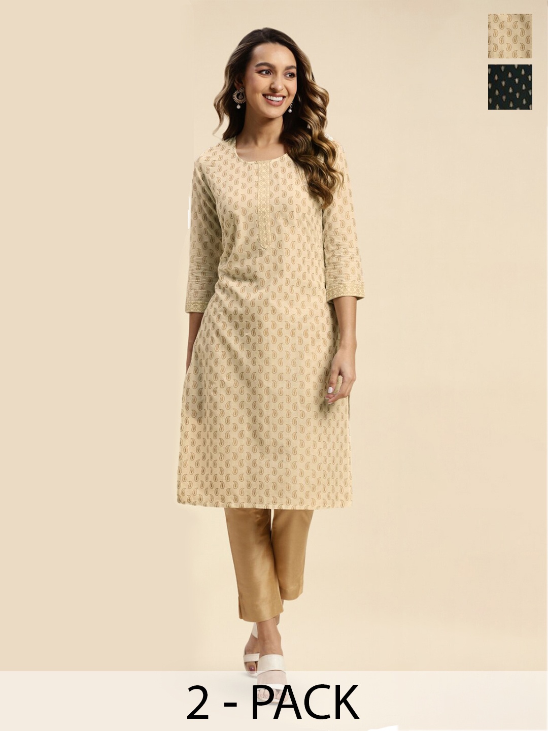 

Rangita Selection of 2 Ethnic Motifs Printed Pure Cotton Kurtas, Off white