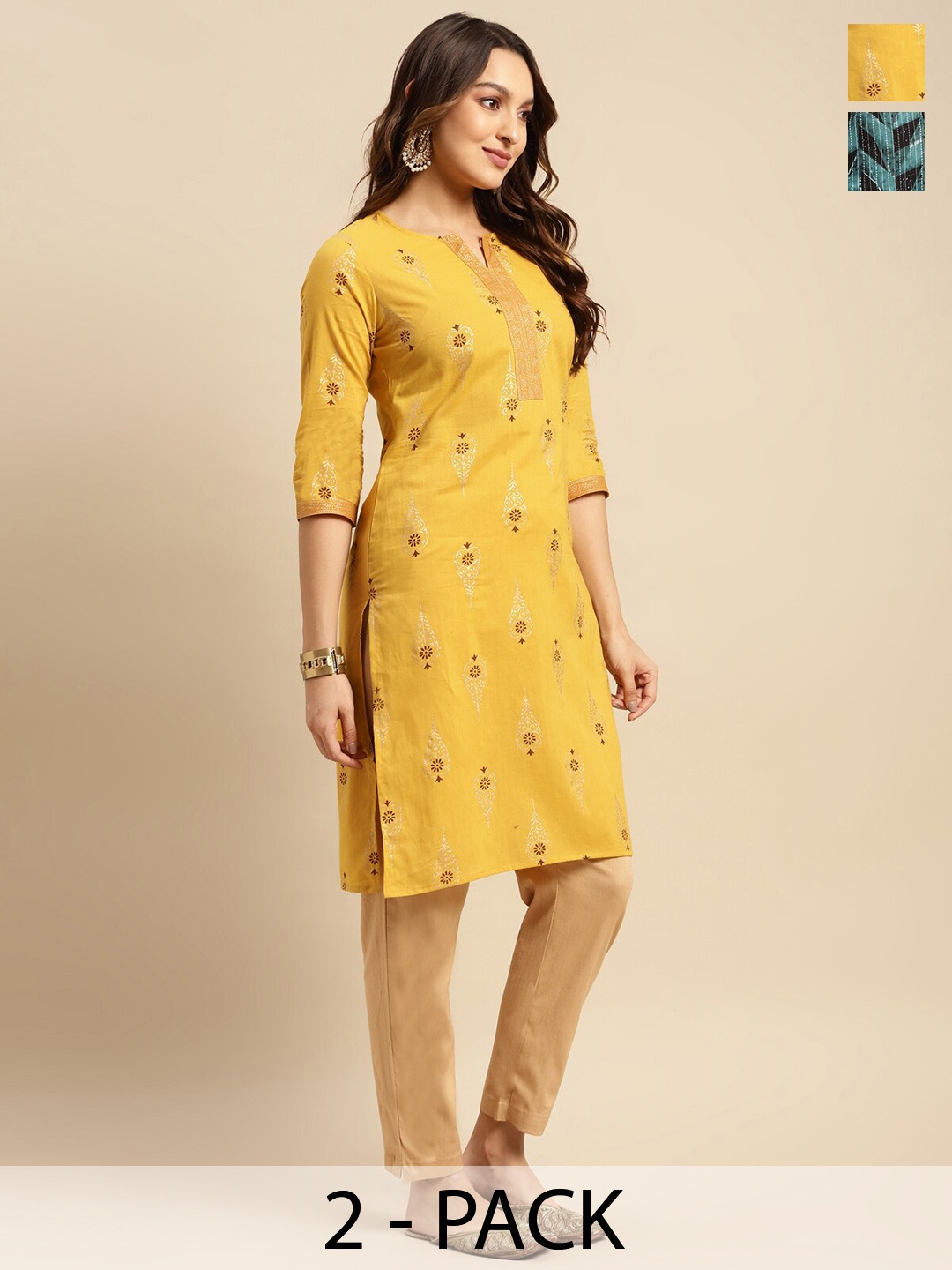 

Rangita Pack Of 2 Geometric Printed Notch Neck Thread Work Pure Cotton Kurta, Yellow