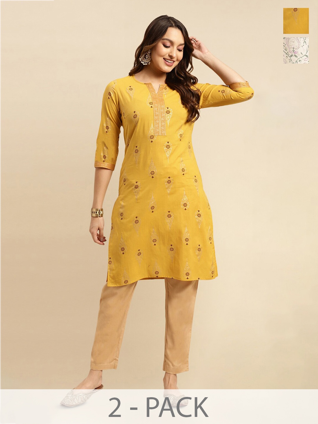

Rangita Pack Of 2 Floral Printed Cotton Mirror Work Kurta, Yellow