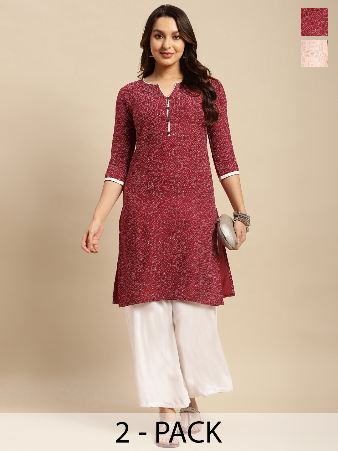 

Rangita Selection Of 2 Floral Printed Notched Neck Straight Kurtas, Maroon