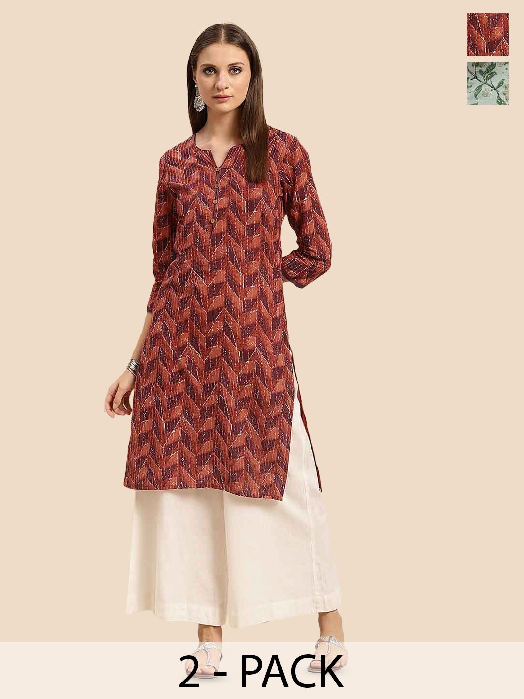 

Rangita Pack of 2 Ethnic Motifs Printed Thread Work Kurta, Peach