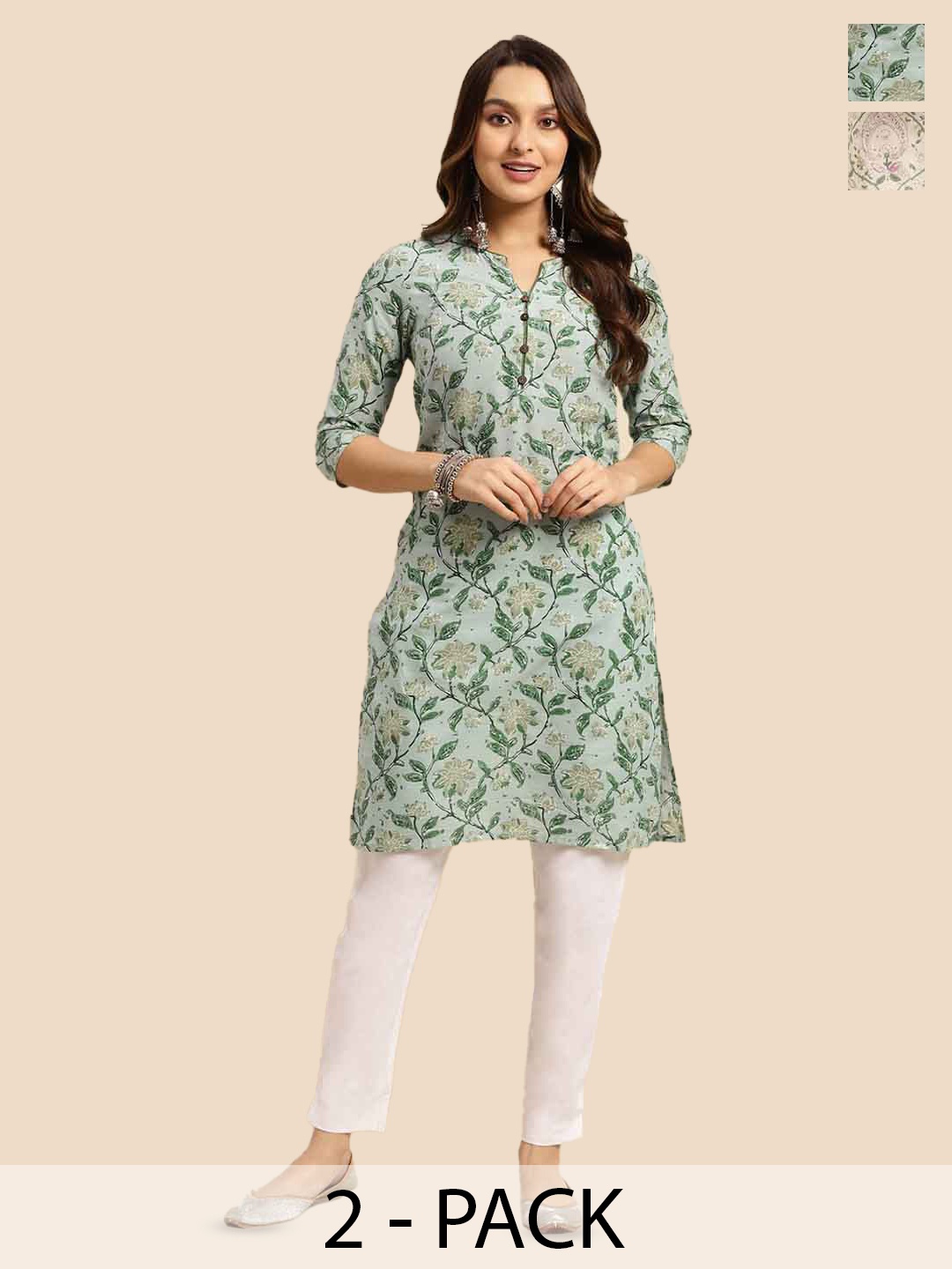 

Rangita Selection Of 2 Floral Printed Pure Cotton Straight Kurta, Green