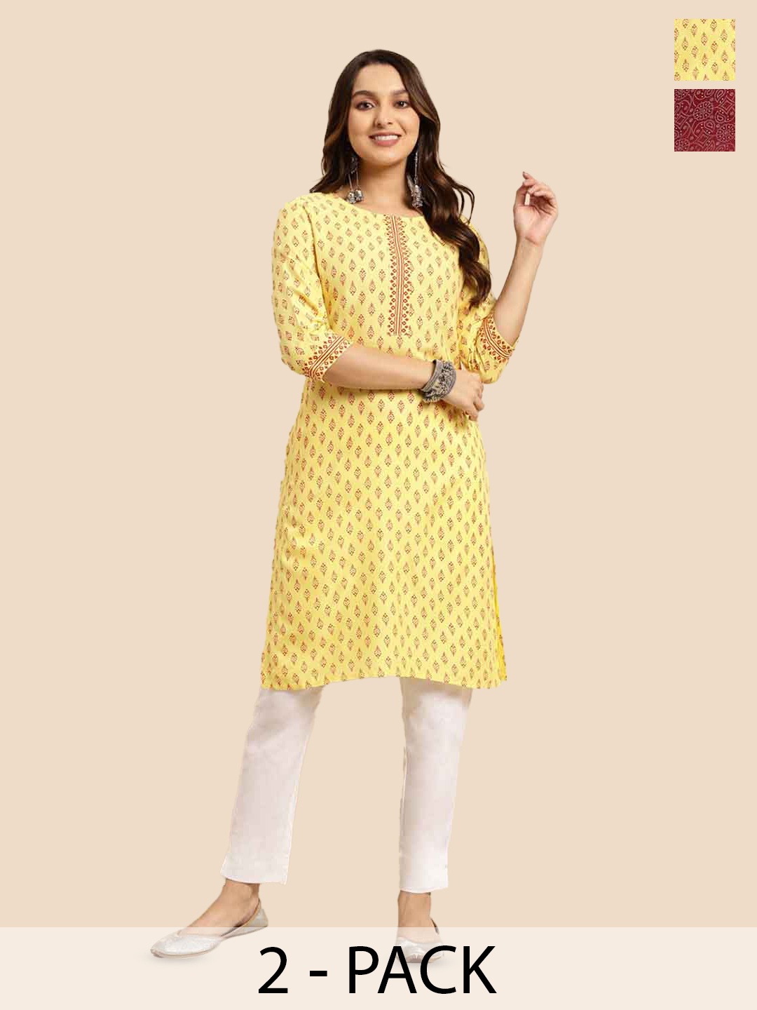 

Rangita Pack Of 2 Ethnic Motifs Printed Thread Work Kurta, Yellow