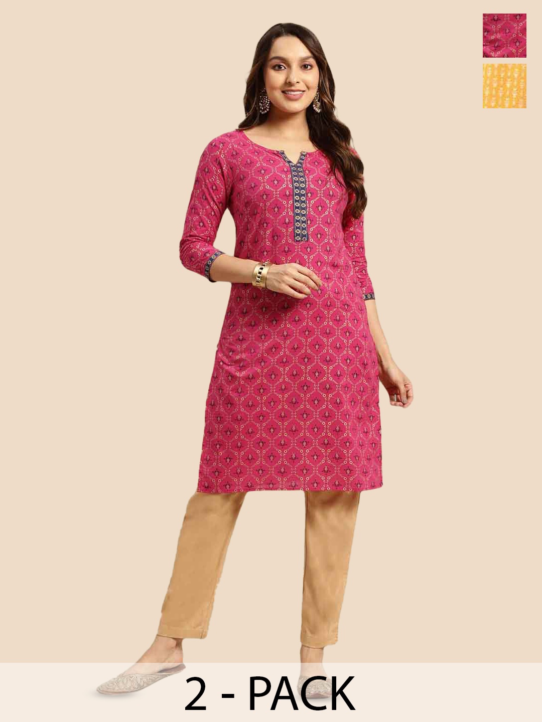 

Rangita Pack Of 2 Floral Printed Knee Length Cotton Straight Kurtas, Yellow