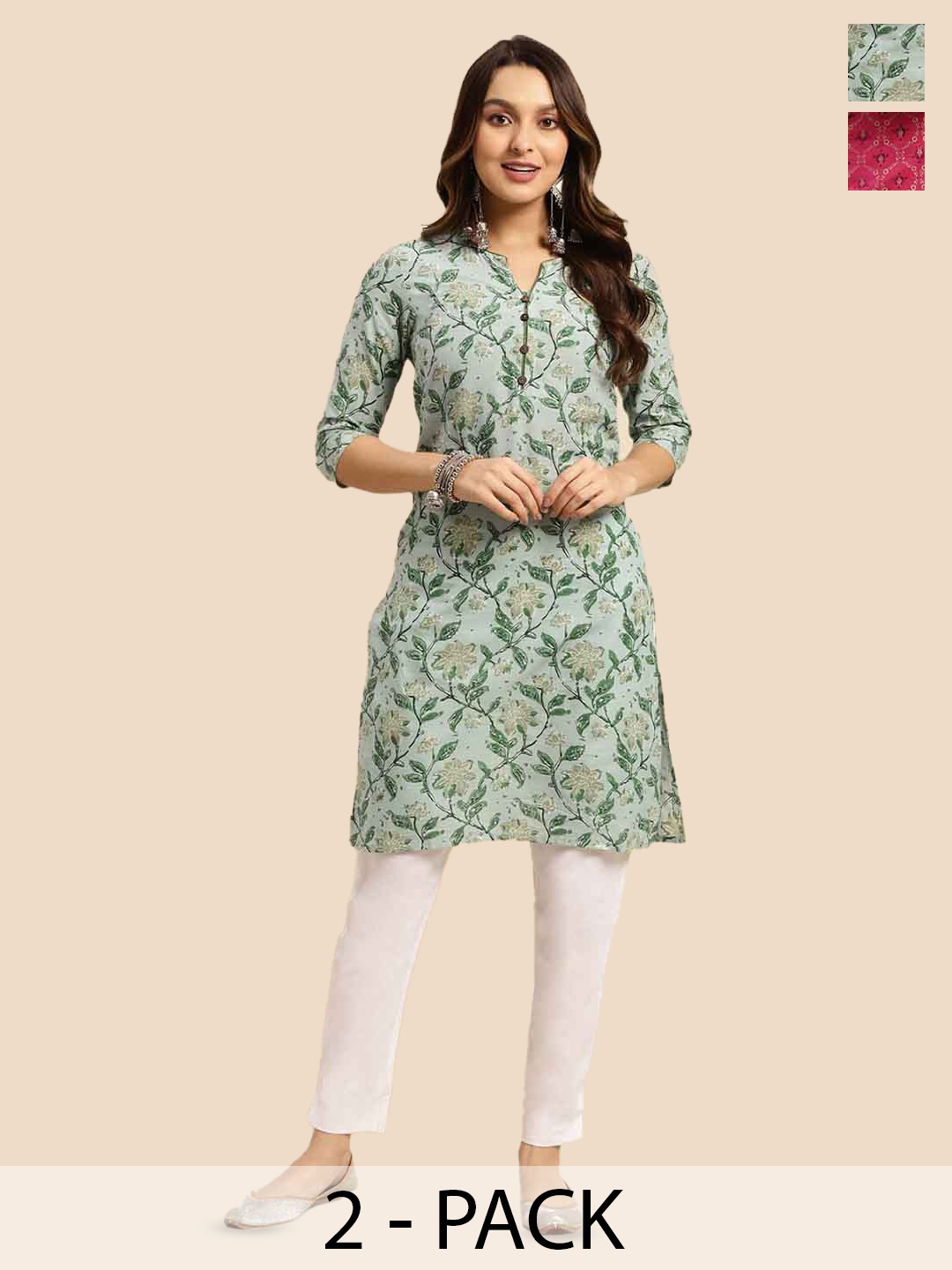 

Rangita Pack of 2 Floral Printed Thread Work Pathani Kurta, Green