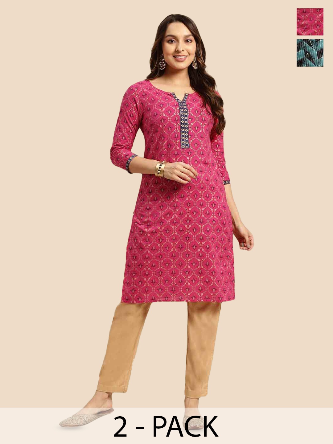 

Rangita Pack of 2 Printed Mirror Work Cotton Kurta, Pink