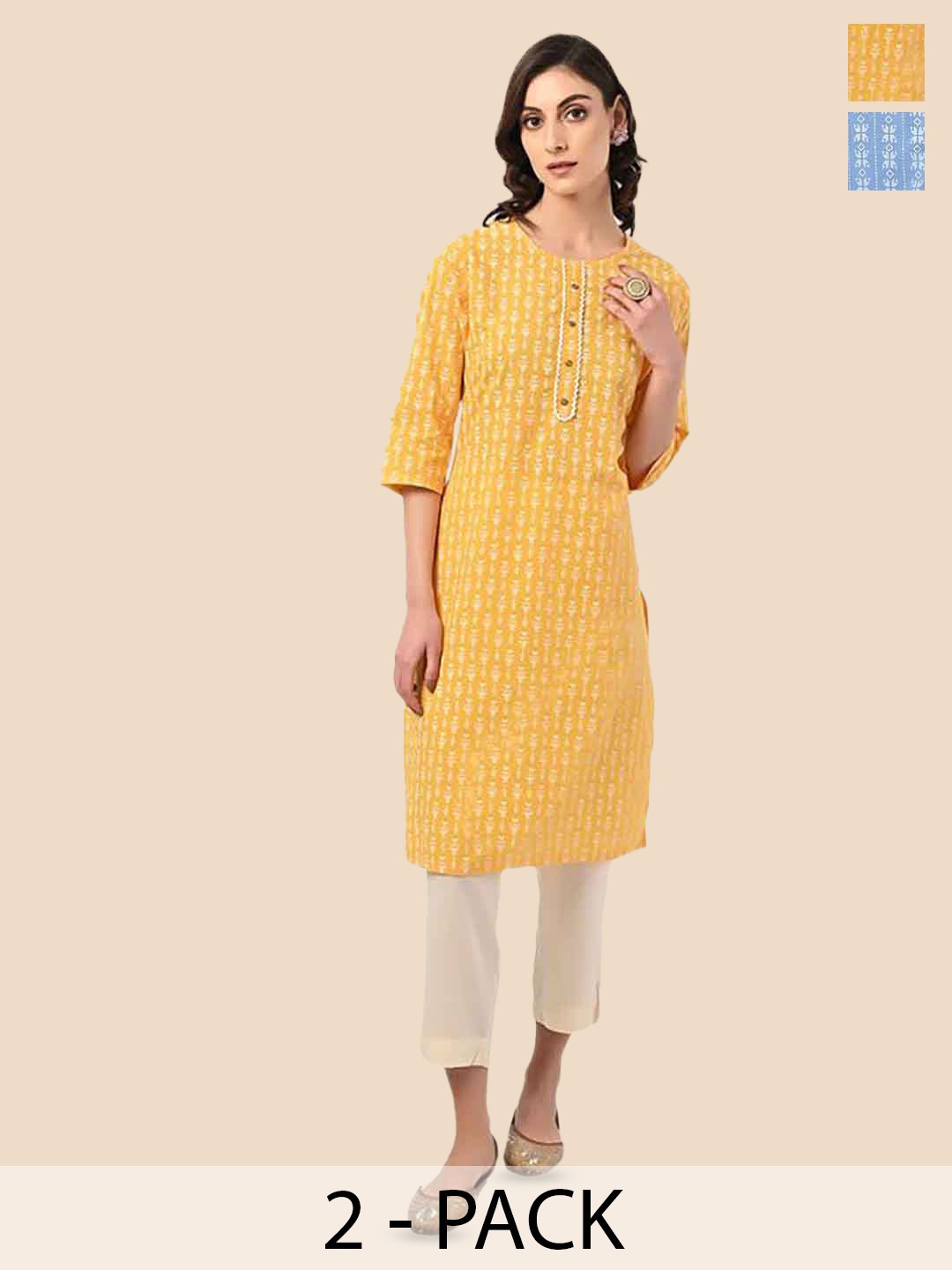 

Rangita Selection Of 2 Ethnic Motifs Printed Pure Cotton Straight Kurtas, Mustard