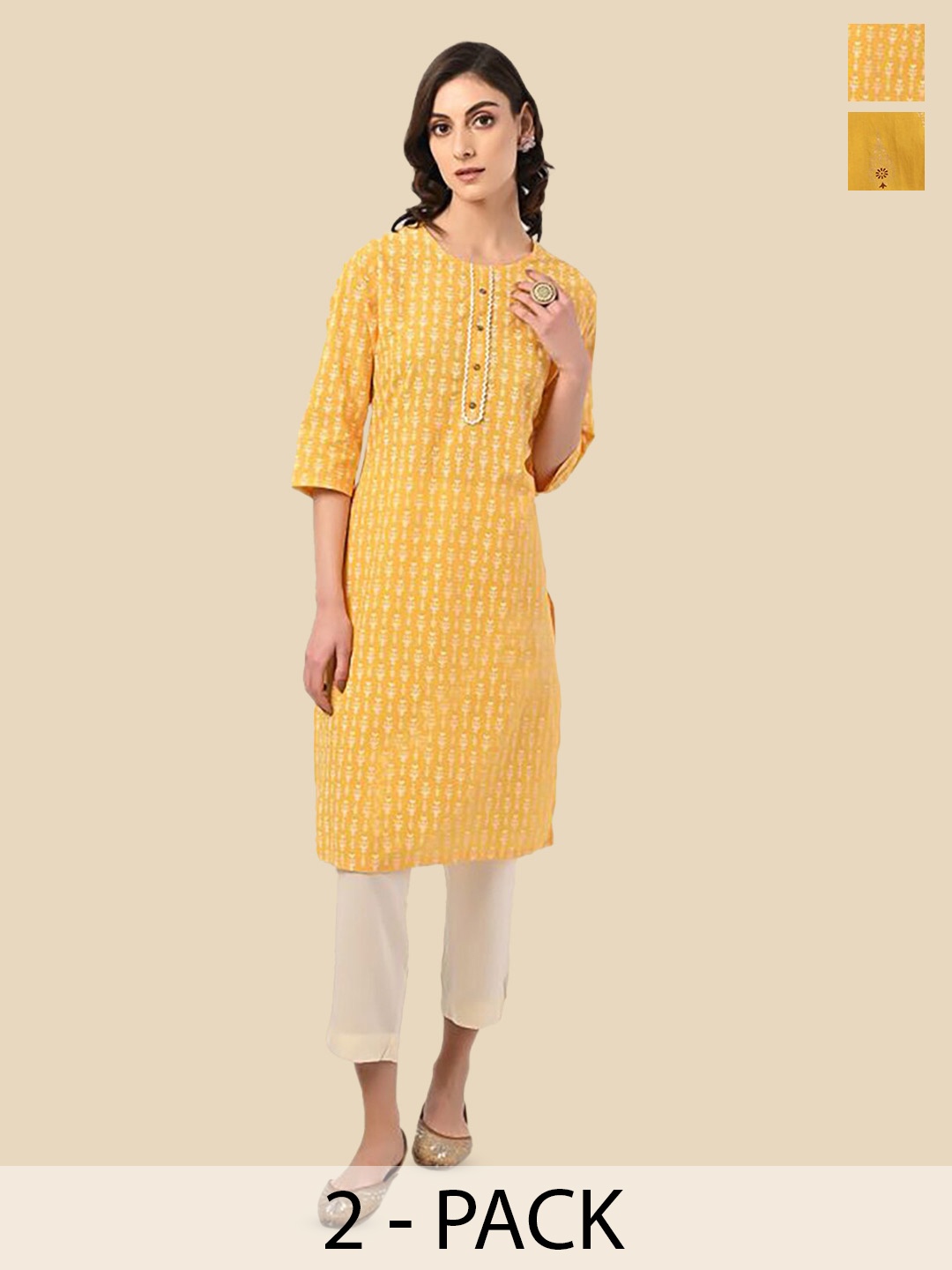 

Rangita Selection Of 2 Ethnic Motifs Printed Pure Cotton Kurta, Yellow