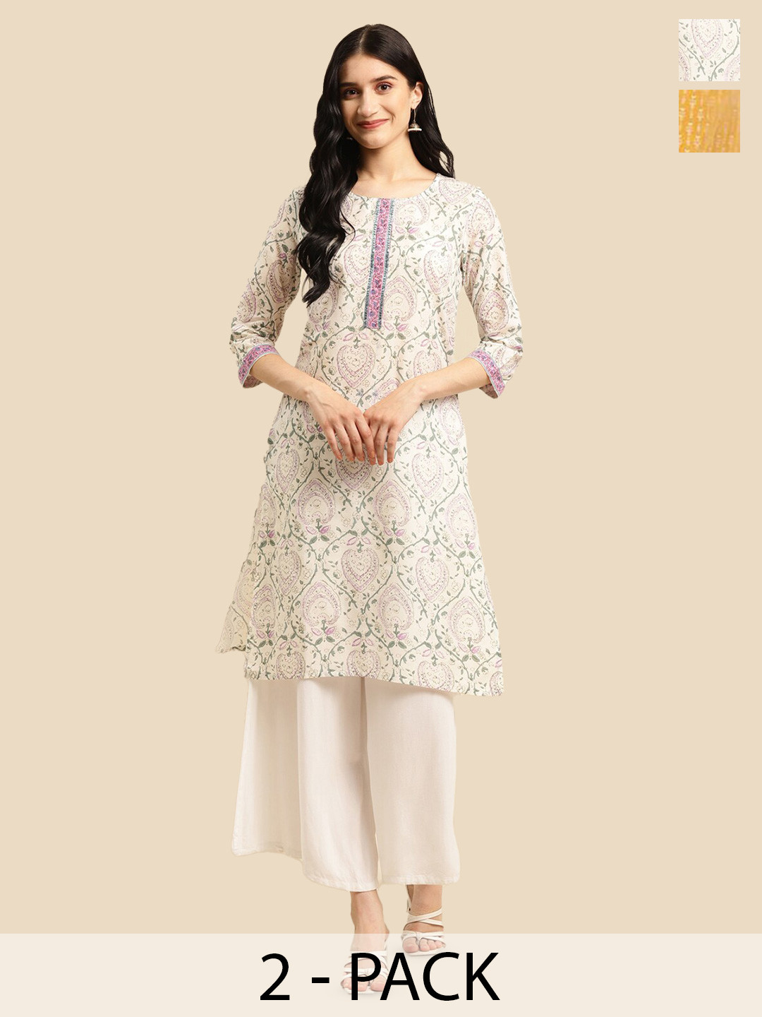 

Rangita Selection Of 2 Ethnic Motifs Printed Pure Cotton Kurta, Cream