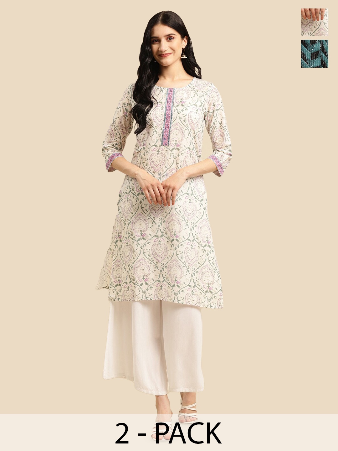 

Rangita Selection Of 2 Ethnic Motifs Printed Cotton Straight Kurta, Off white