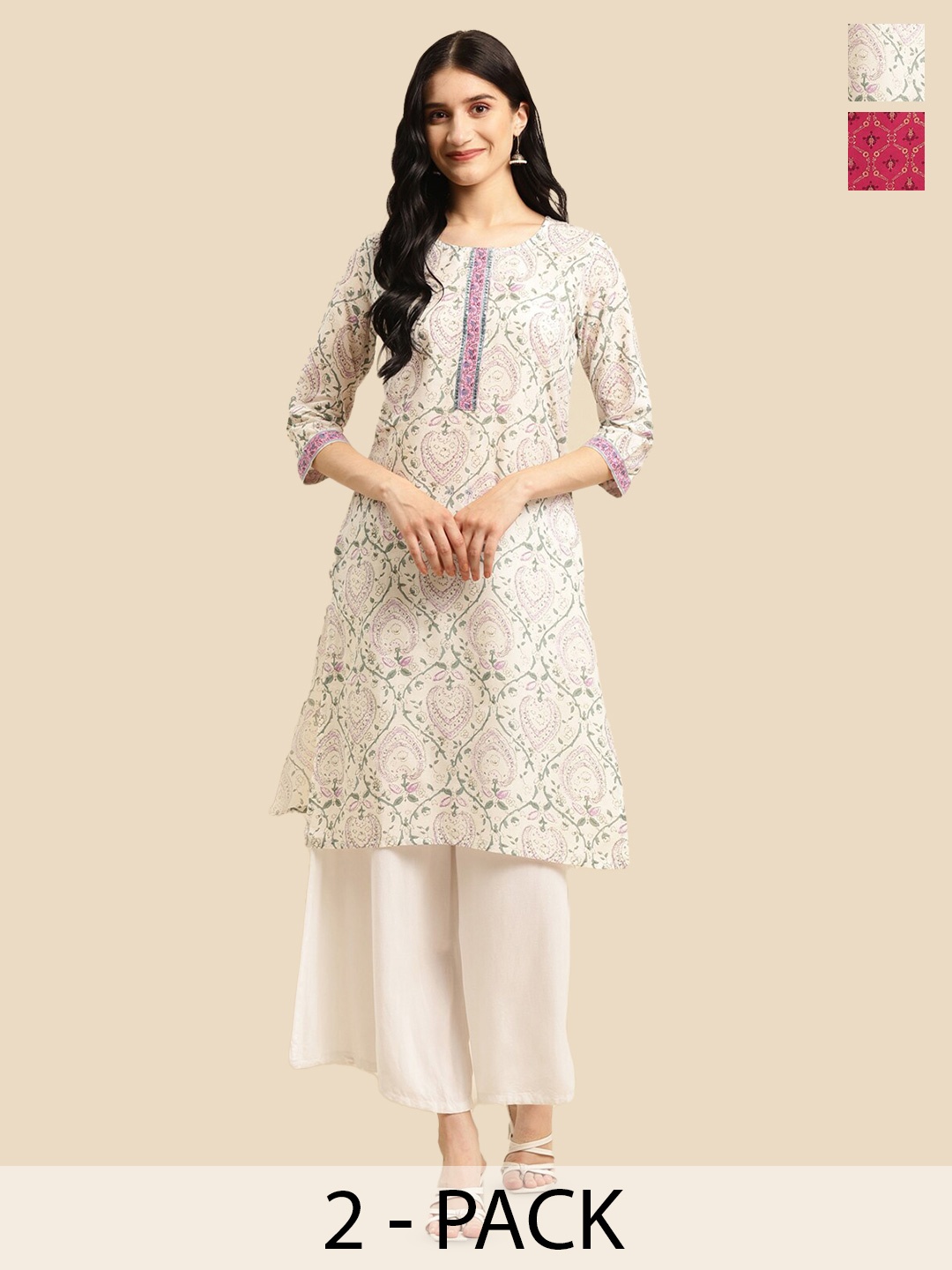 

Rangita Selection Of 2 Ethnic Motifs Printed Cotton Straight Kurta, Off white