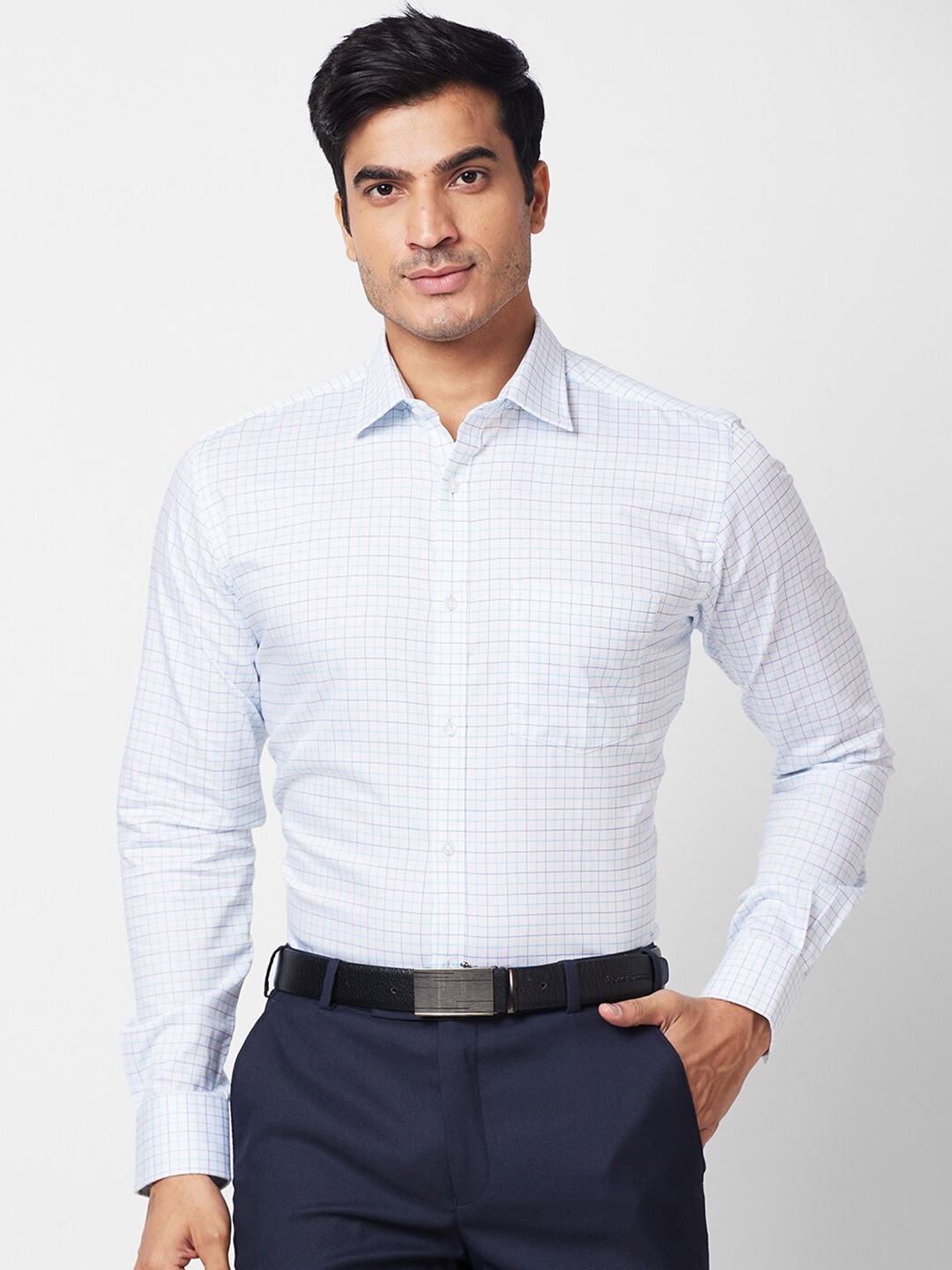 

Park Avenue Spread Collar Slim Fit Grid Tattersall Checks Cotton Opaque Formal Shirt, Blue