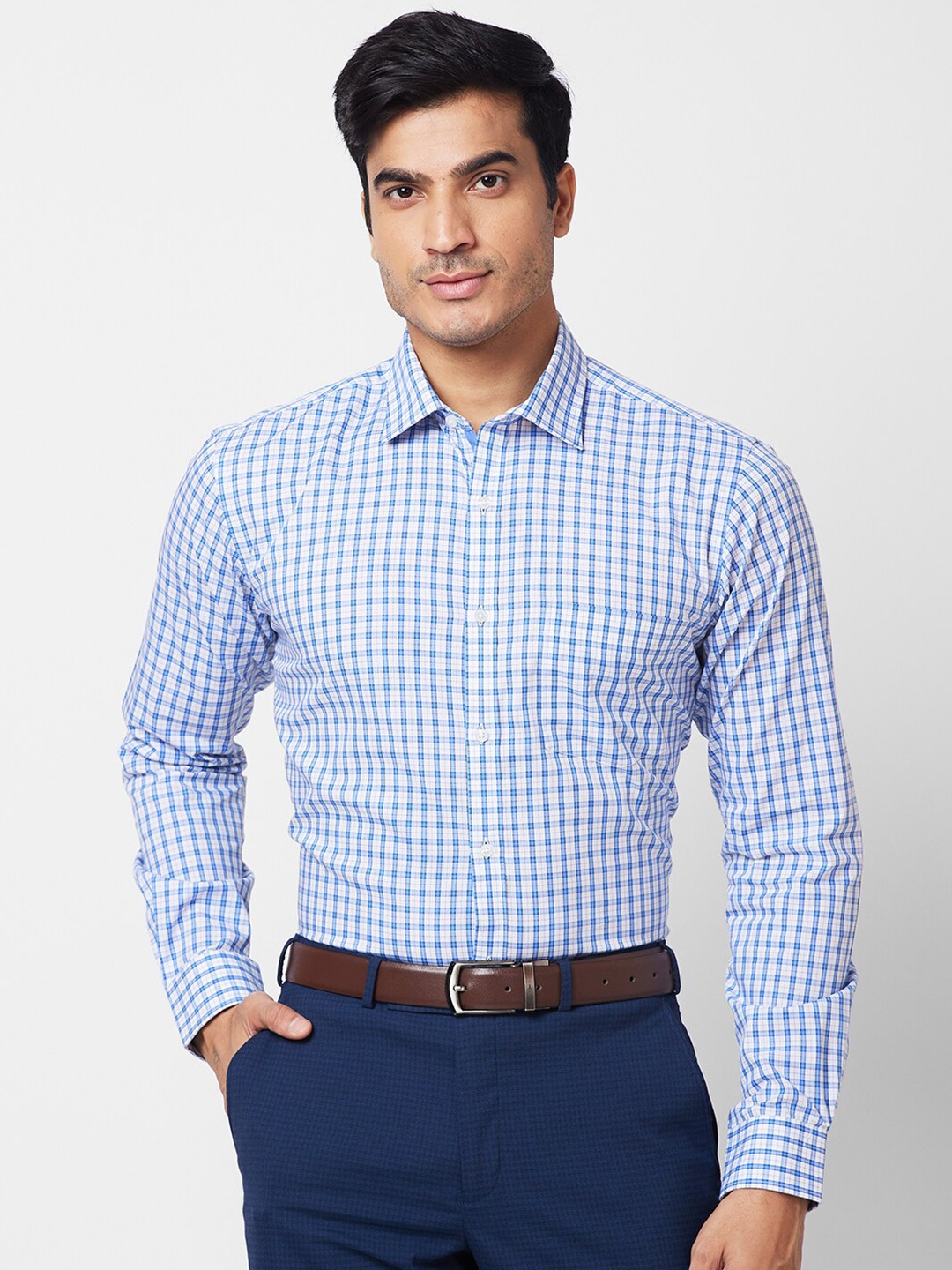

Park Avenue Checked Slim Fit Cotton Formal Shirt, Blue