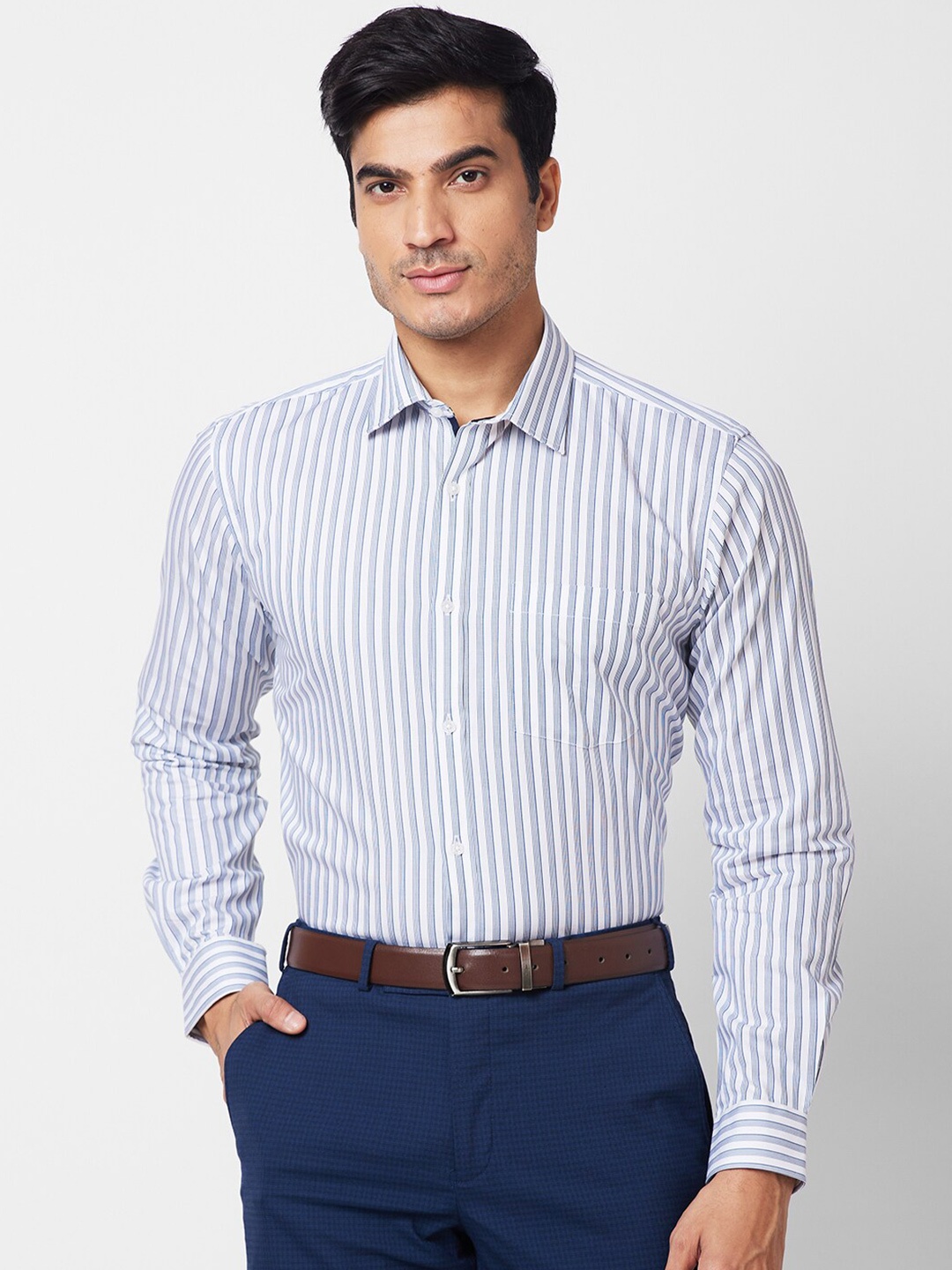 

Park Avenue Striped Cotton Spread Collar Slim Fit Opaque Formal Shirt, Blue