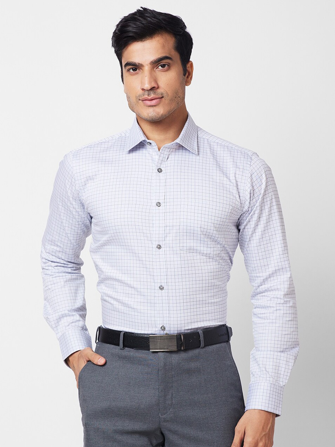 

Park Avenue Slim Fit Checked Spread Collar Long Sleeves Formal Shirt, Grey