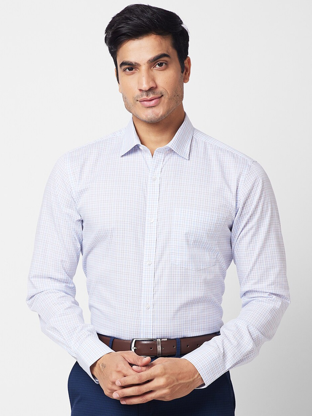 

Park Avenue Slim Fit Grid Tattersall Cotton Checked Formal Shirt, Blue
