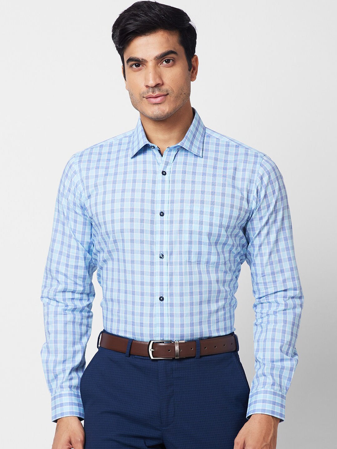 

Park Avenue Spread Collar Slim Fit Cotton Opaque Checked Formal Shirt, Blue