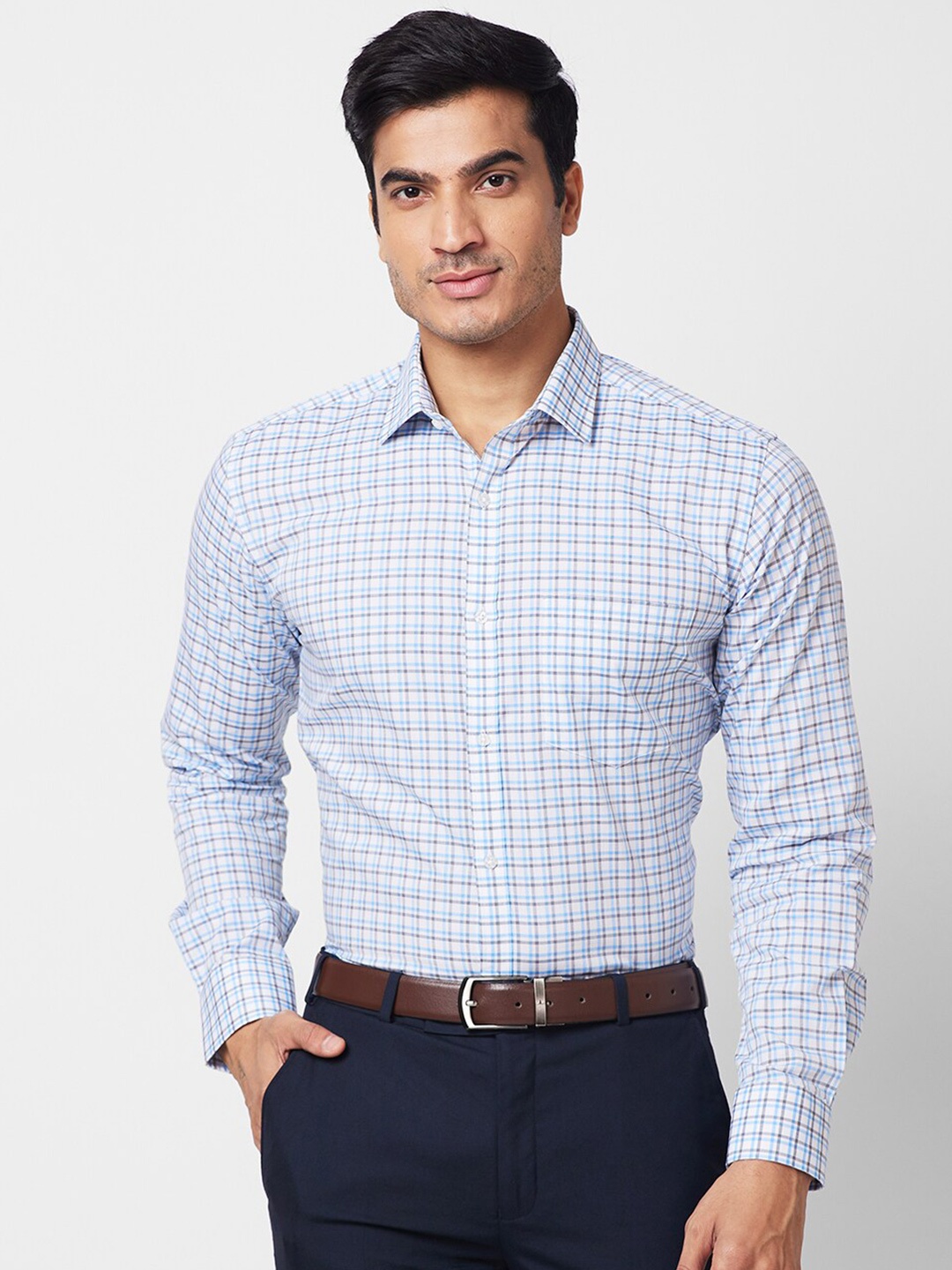 

Park Avenue Slim Fit Opaque Checked Cotton Formal Shirt, Blue
