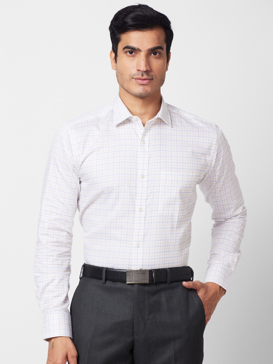 

Park Avenue Spread Collar Slim Fit Grid Tattersall Checks Opaque Checked Formal Shirt, White