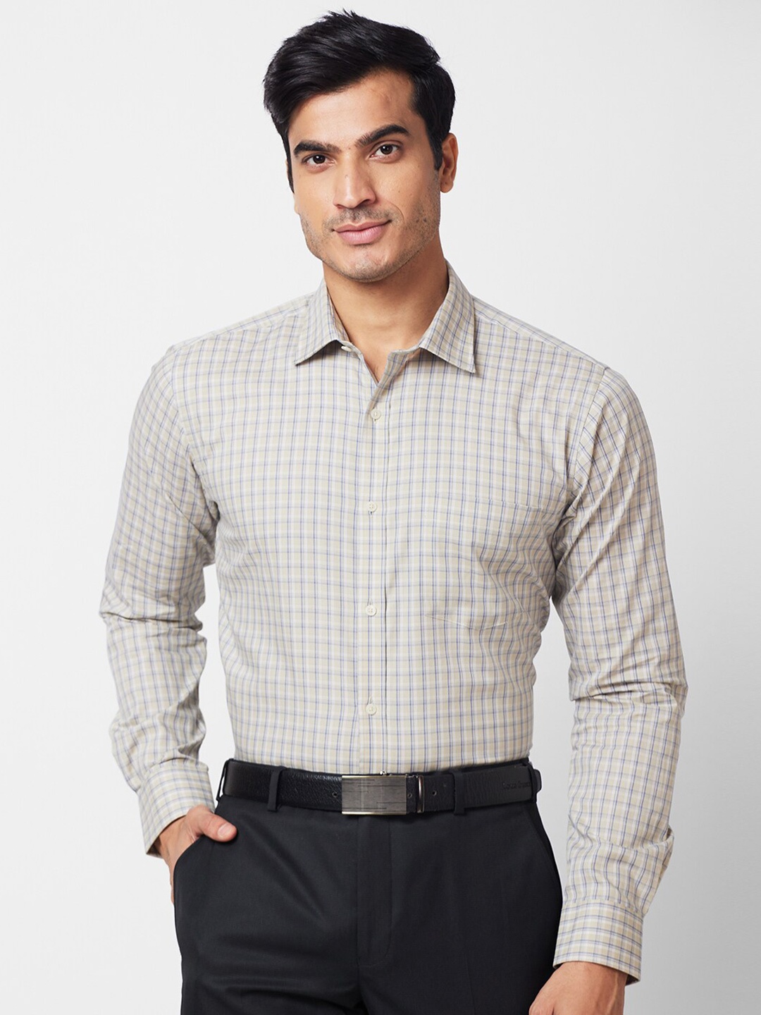 

Park Avenue Slim Fit Checked Cotton Formal Shirt, Khaki