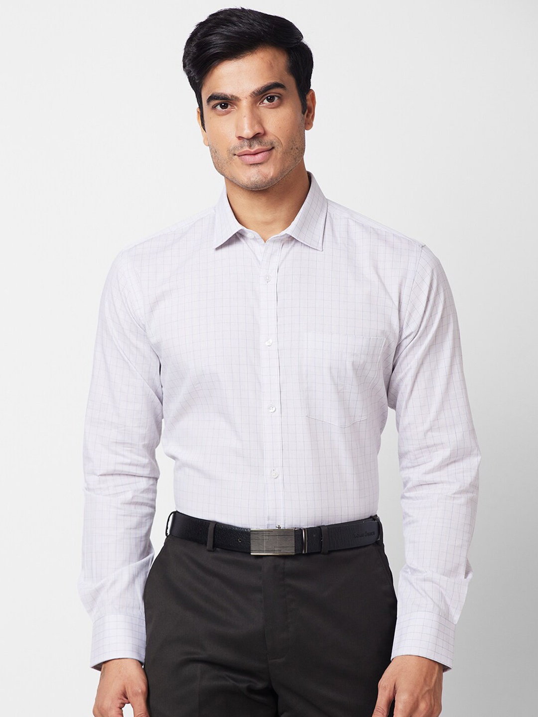 

Park Avenue Slim Fit Grid Tattersall Checked Cotton Formal Shirt, Grey