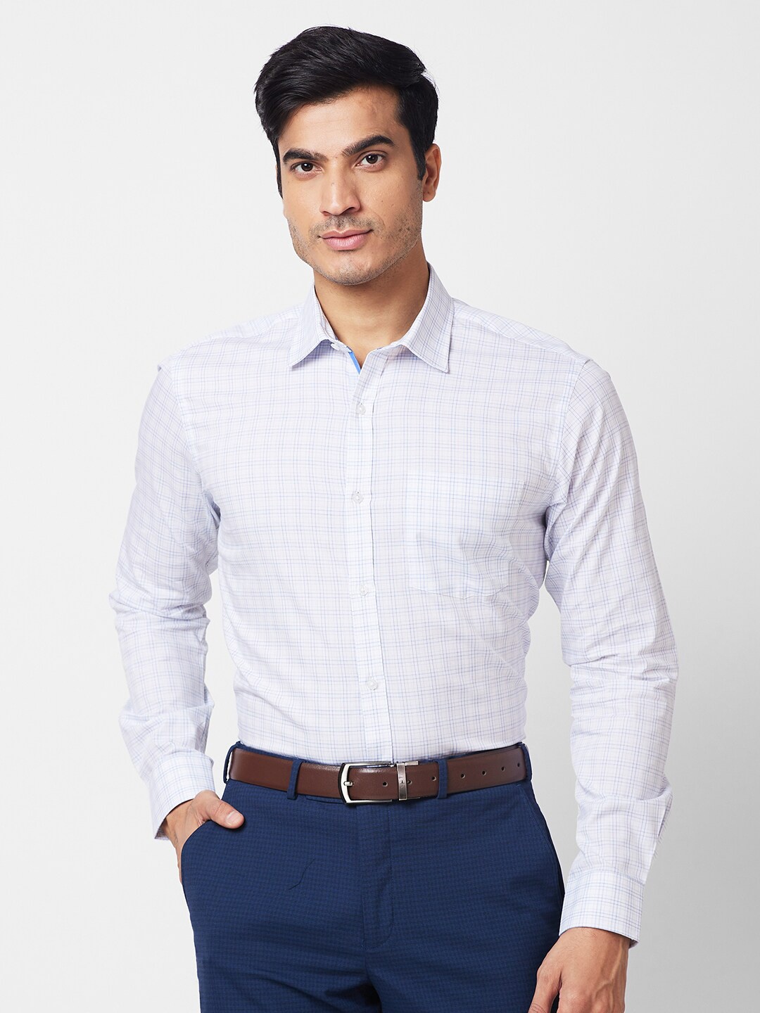 

Park Avenue Slim Fit Grid Tattersall Checks Opaque Cotton Formal Shirt, Blue